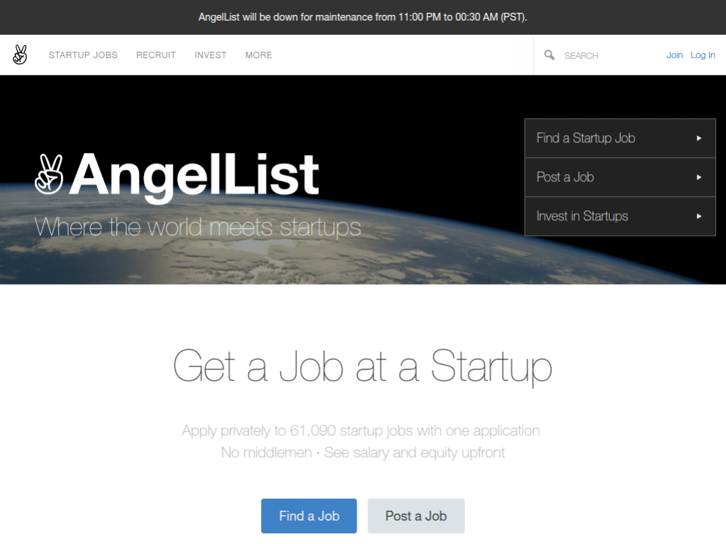 Homepage screenshot of AngelList