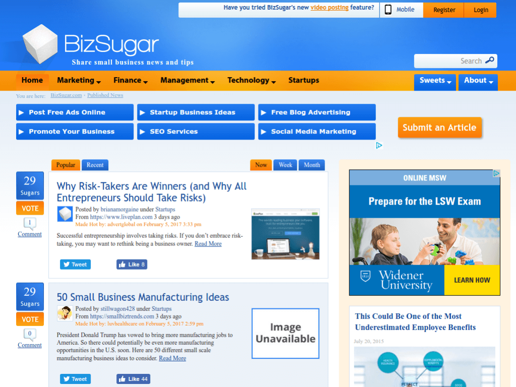 Homepage screenshot of Biz Sugar
