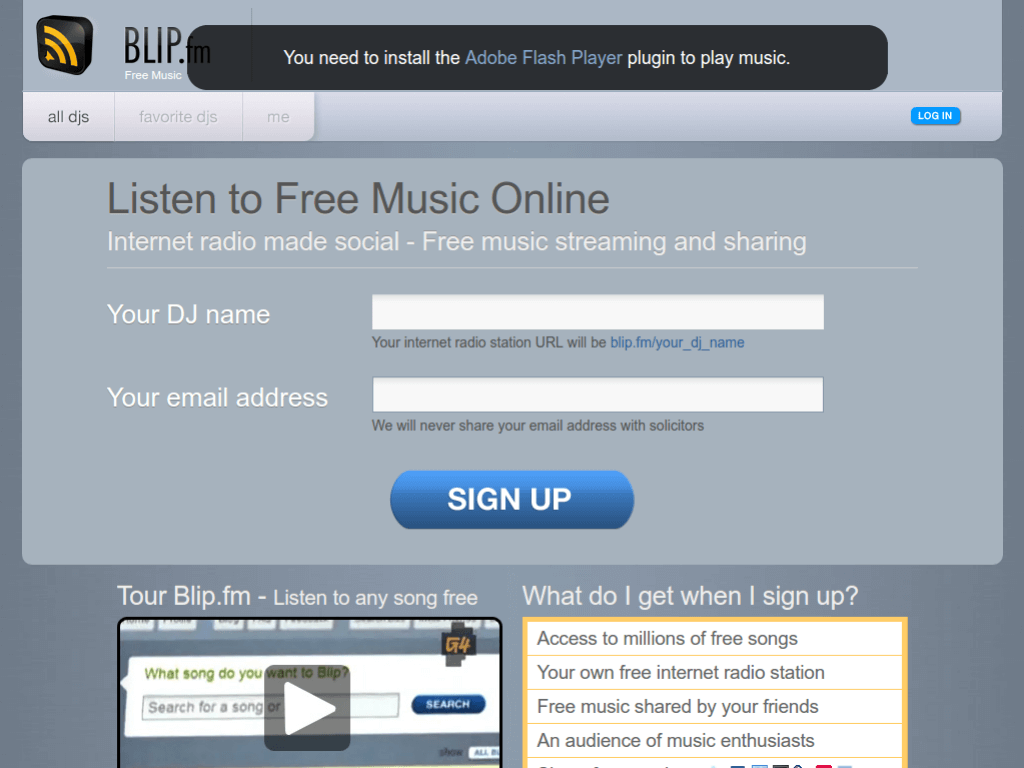 Homepage screenshot of Blip FM