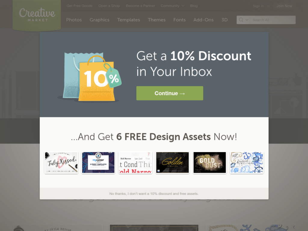 Homepage screenshot of Creative Market