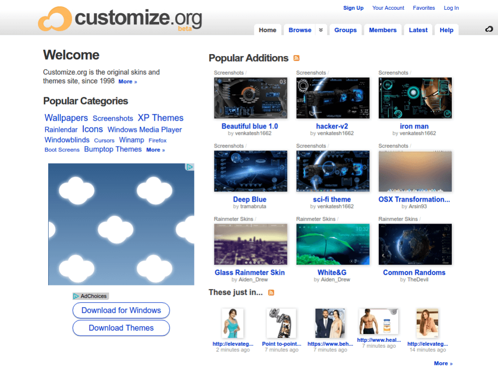 Homepage screenshot of Customize