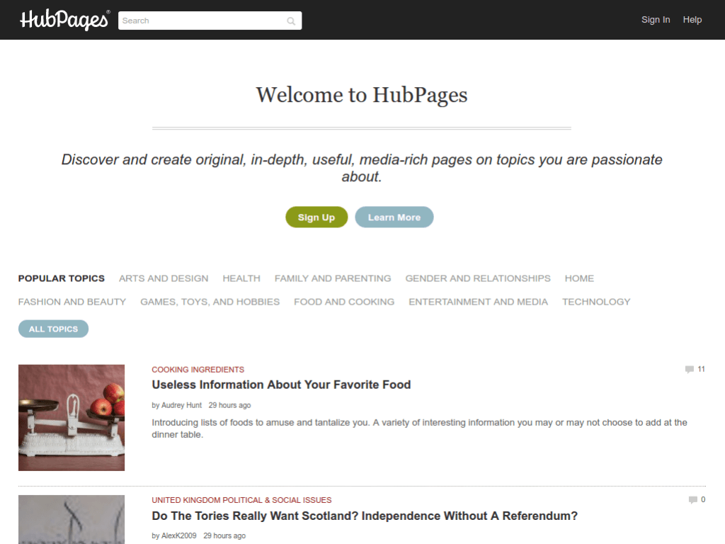 Homepage screenshot of Hub Pages