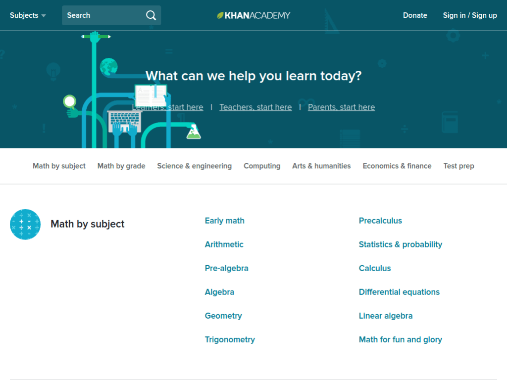 Homepage screenshot of KhanAcademy