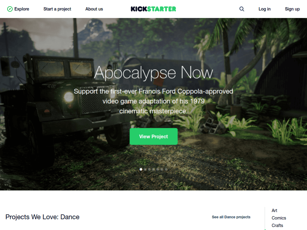 Homepage screenshot of Kickstarter