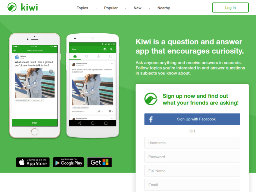 Homepage screenshot of Kiwi