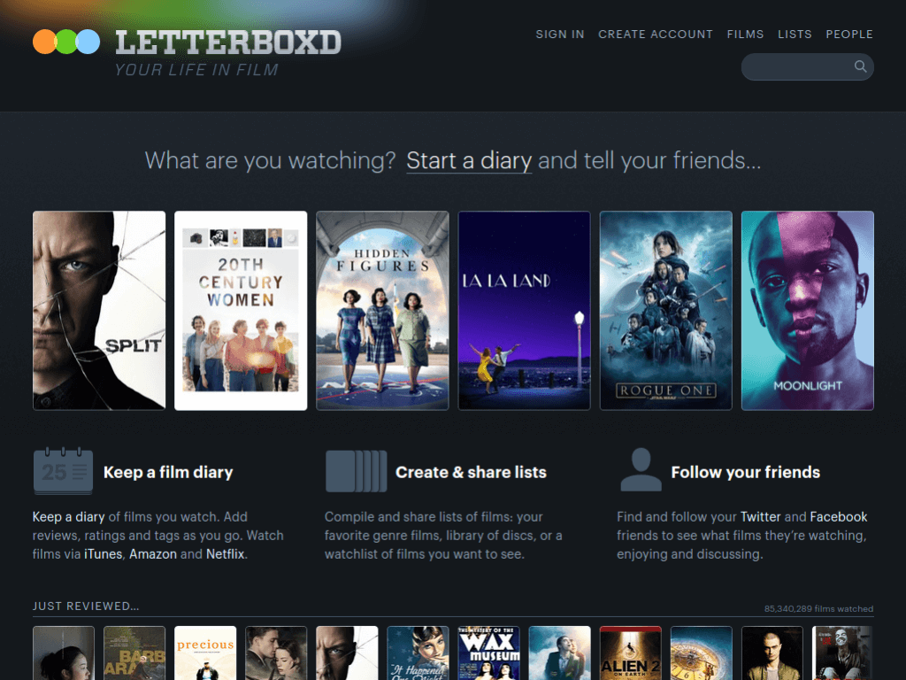Homepage screenshot of Letterboxd