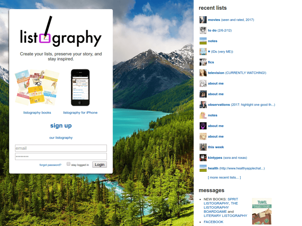 Homepage screenshot of Listography