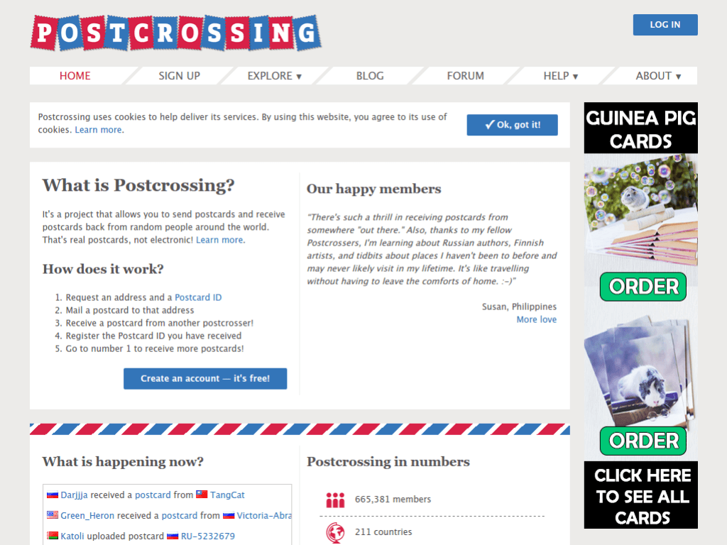 Homepage screenshot of Post Crossing