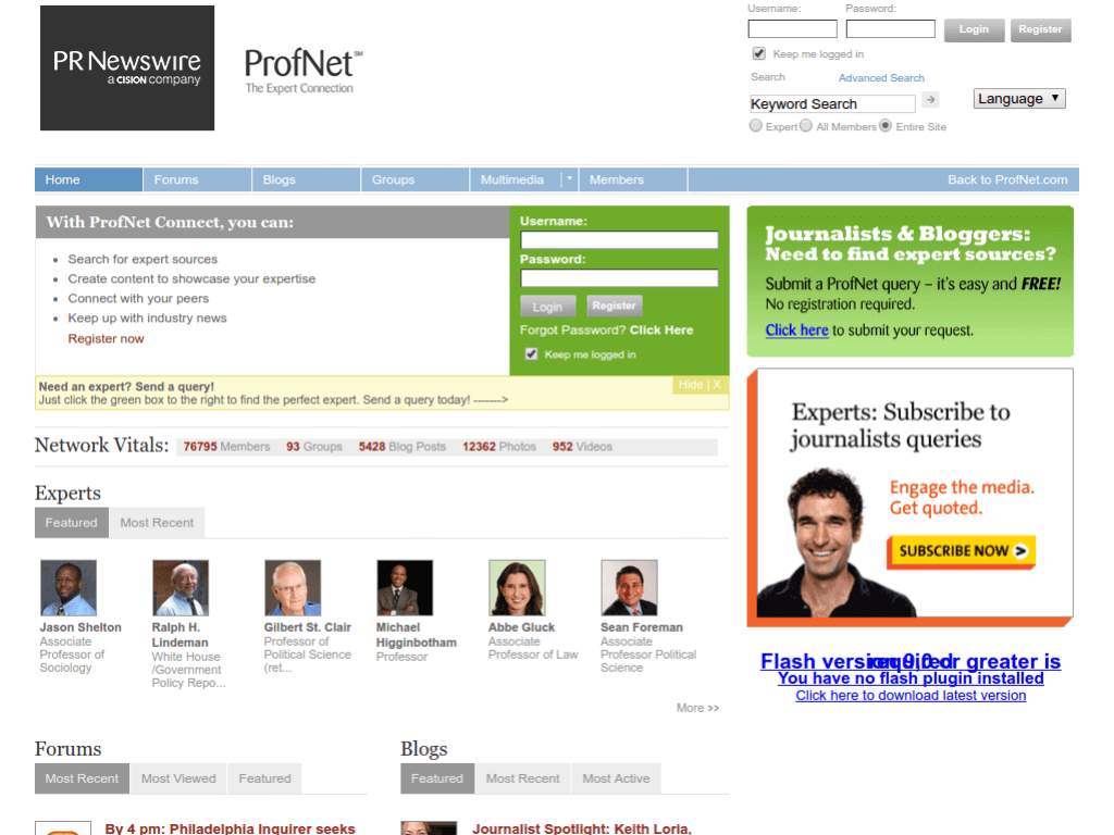 Homepage screenshot of ProfNet Connect