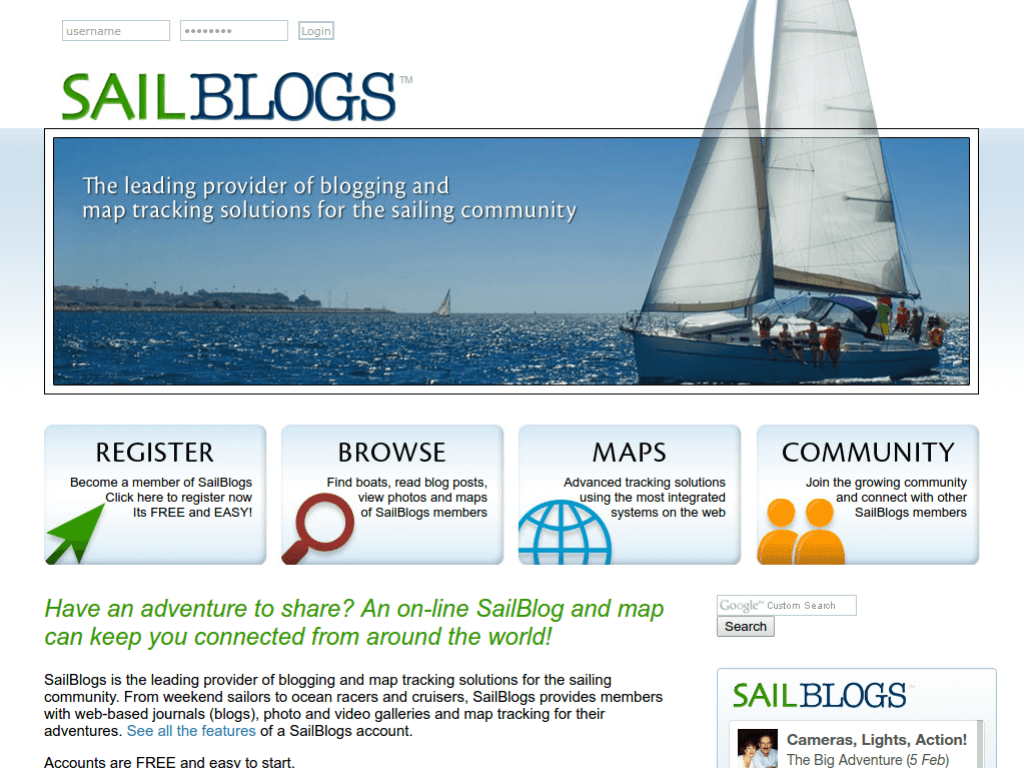 Homepage screenshot of SailBlogs