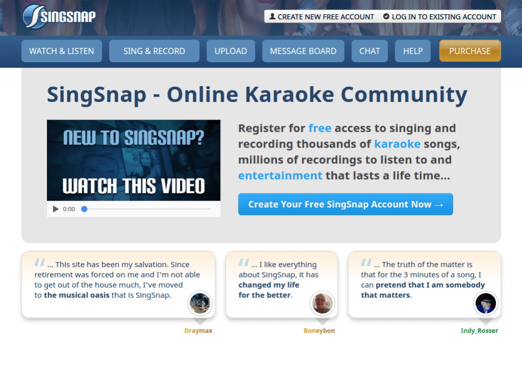 Homepage screenshot of Sing Snap