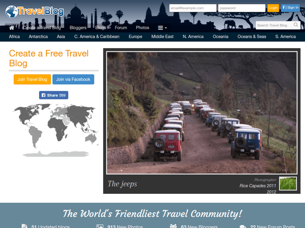 Homepage screenshot of Travel Blog