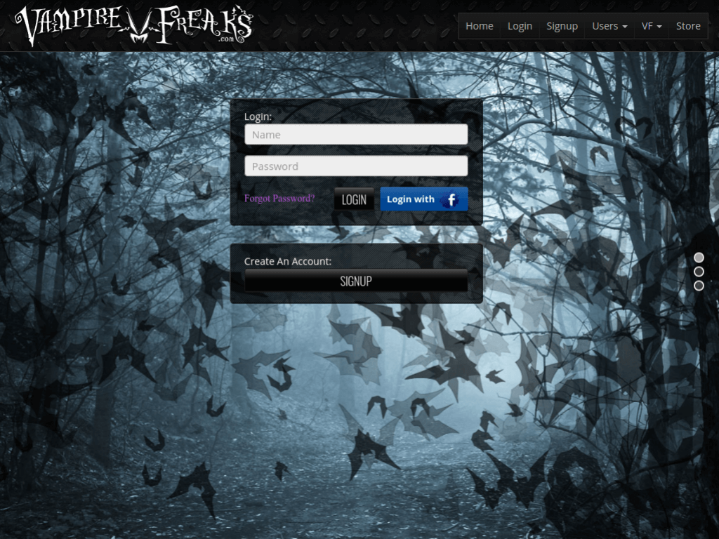 Homepage screenshot of Vampirefreaks