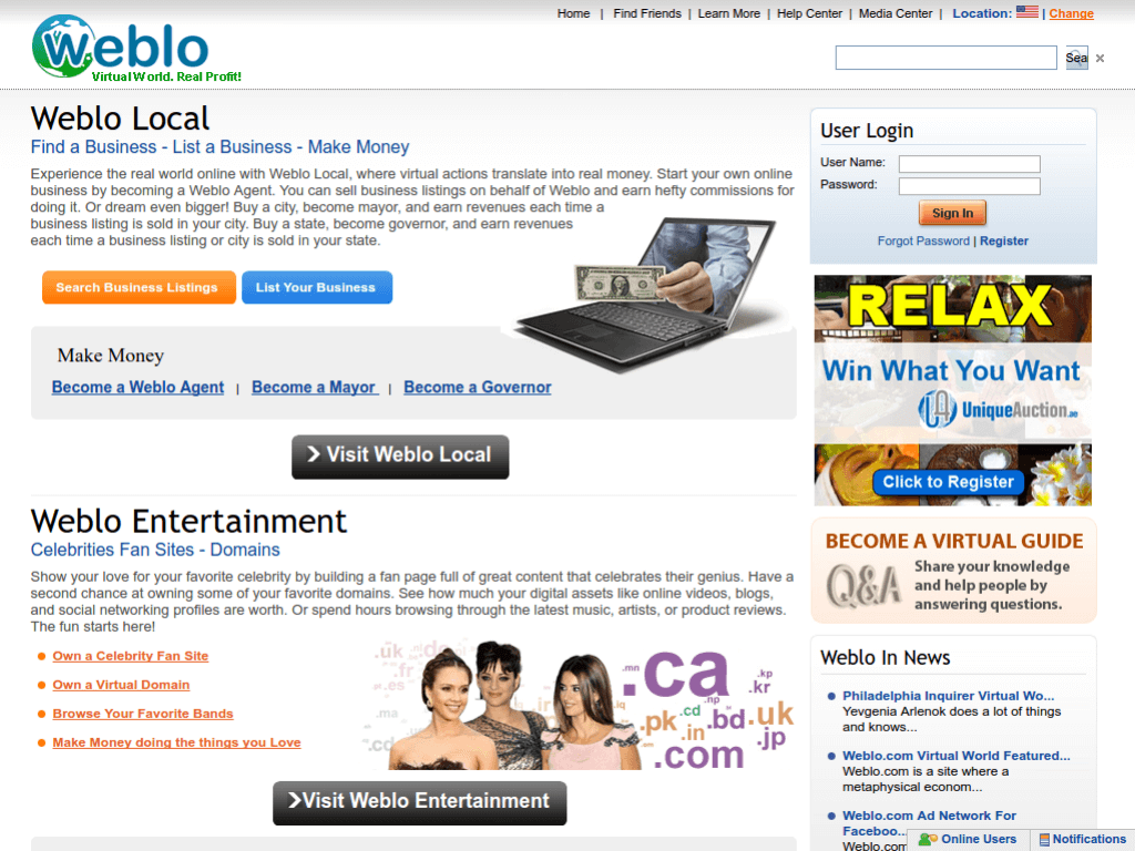 Homepage screenshot of Weblo
