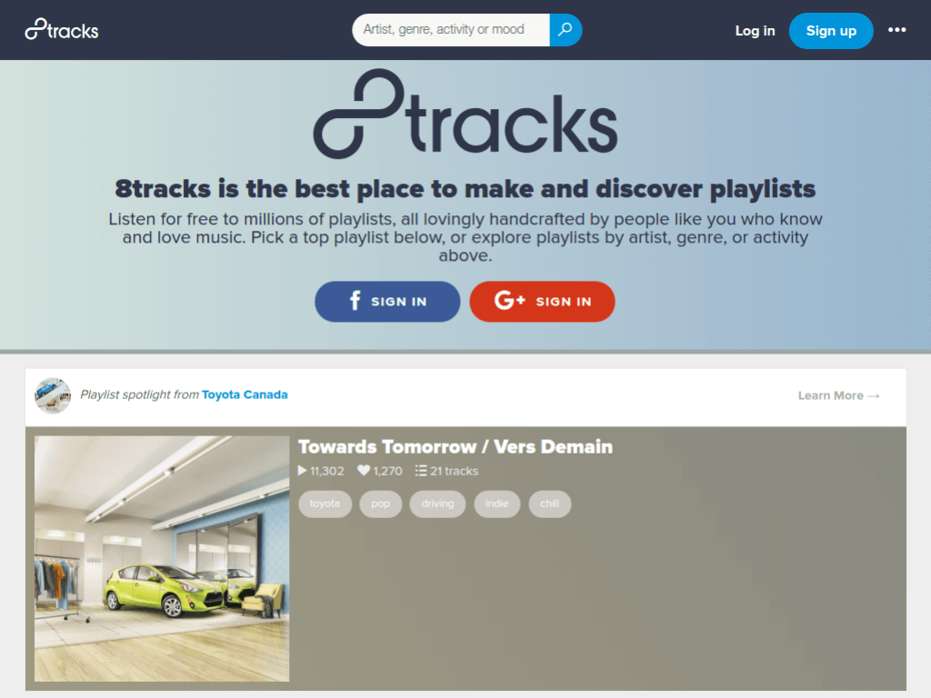 Homepage screenshot of 8 Tracks