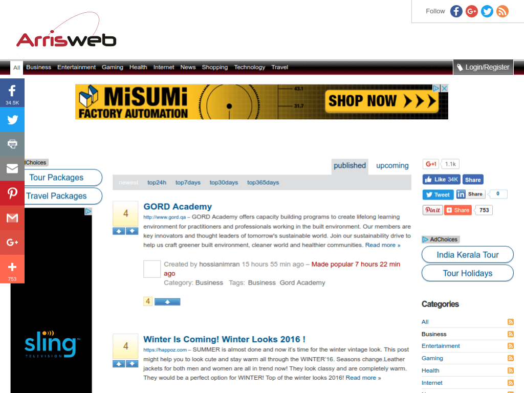 Homepage screenshot of Arrisweb