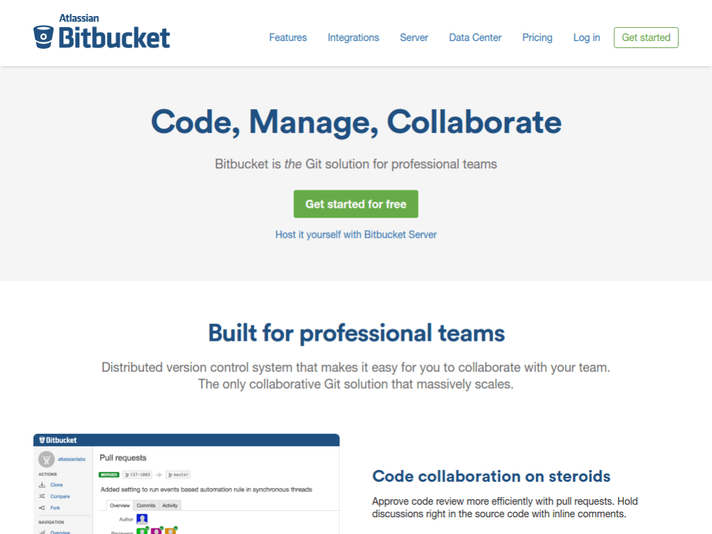 Homepage screenshot of BitBucket