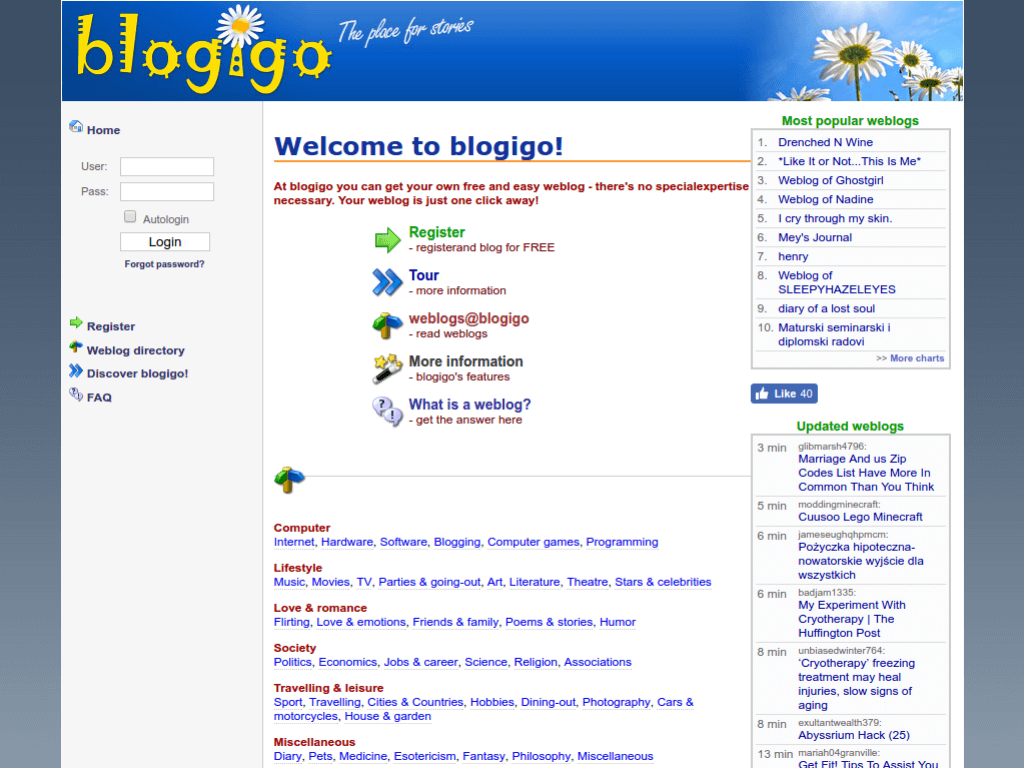 Homepage screenshot of Blogigo