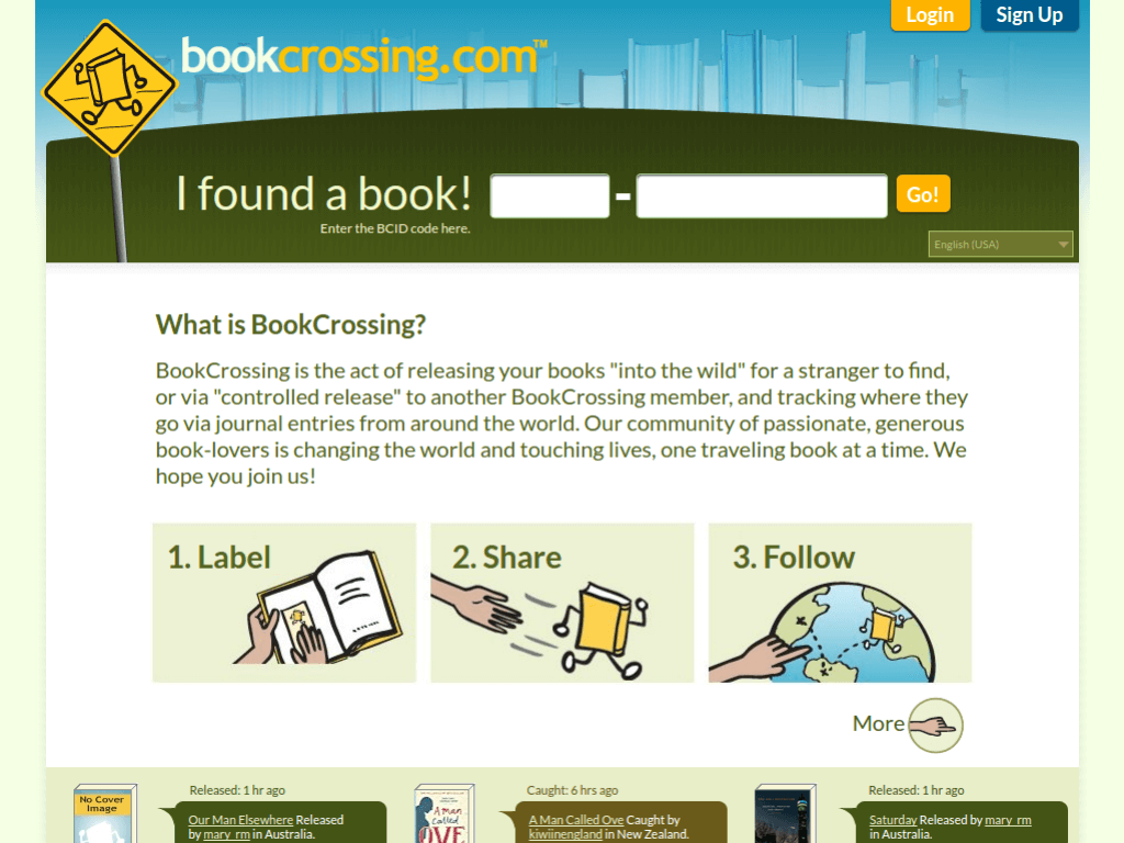 Homepage screenshot of Bookcrossing