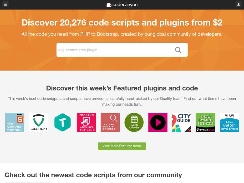 Homepage screenshot of CodeCanyon
