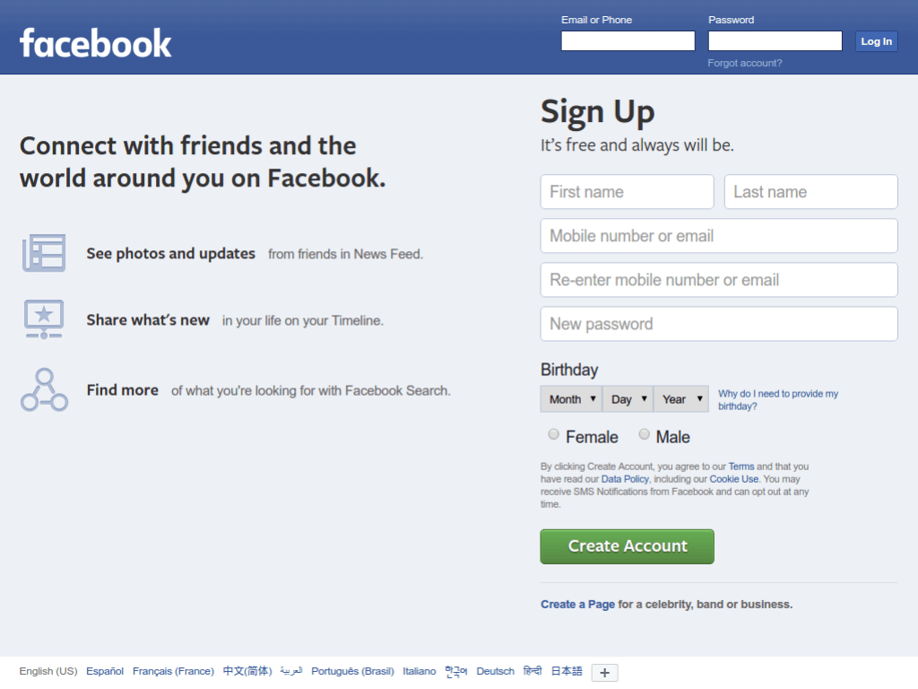 Homepage screenshot of Facebook