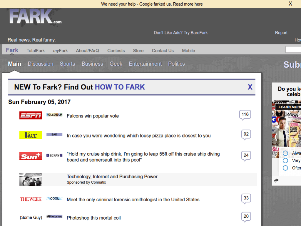 Homepage screenshot of Fark