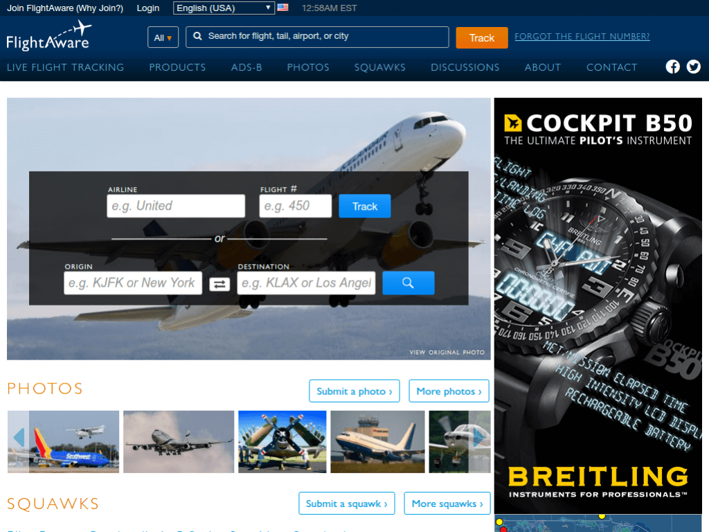 Homepage screenshot of Flight Aware