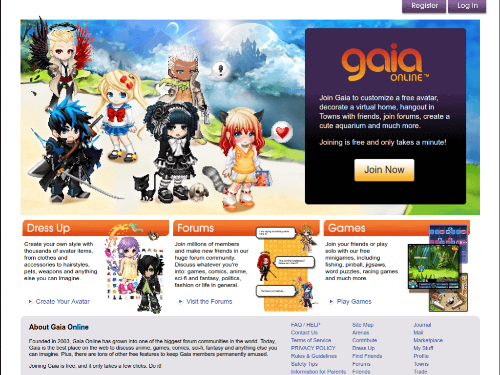 Homepage screenshot of GaiaOnline