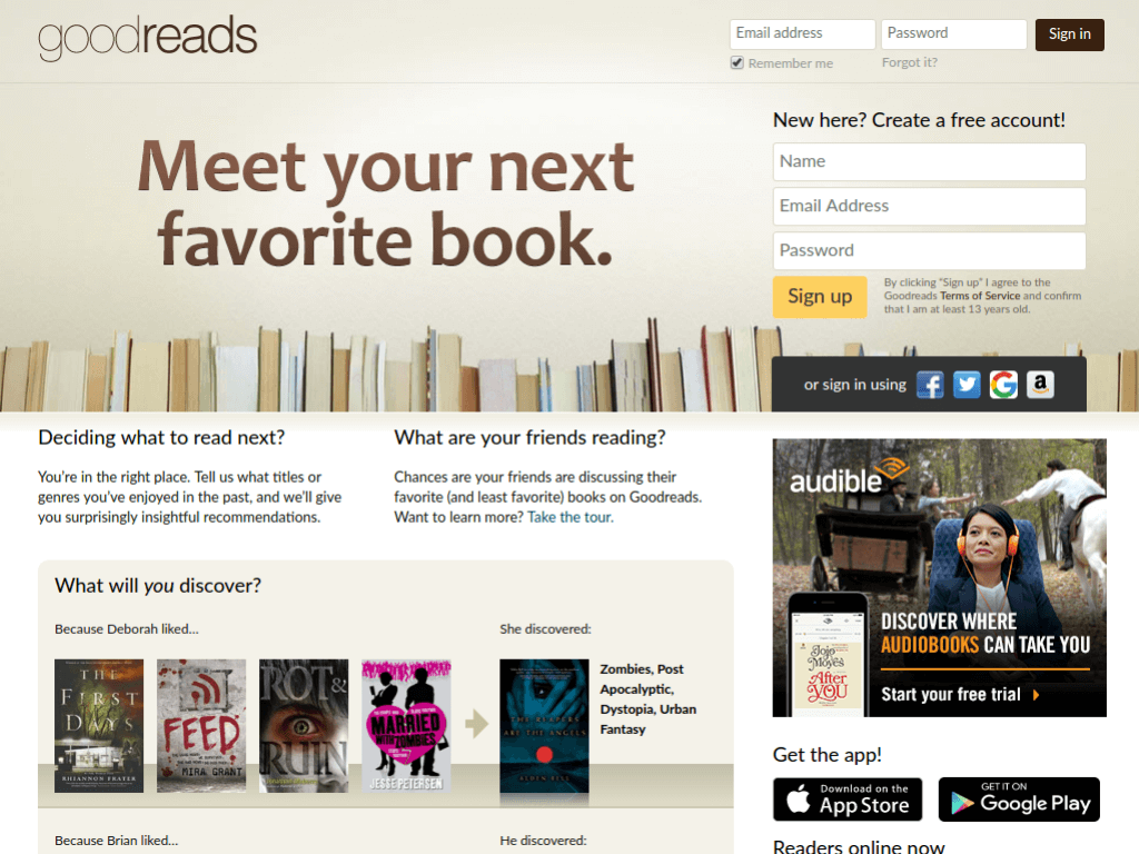 Homepage screenshot of Good Reads
