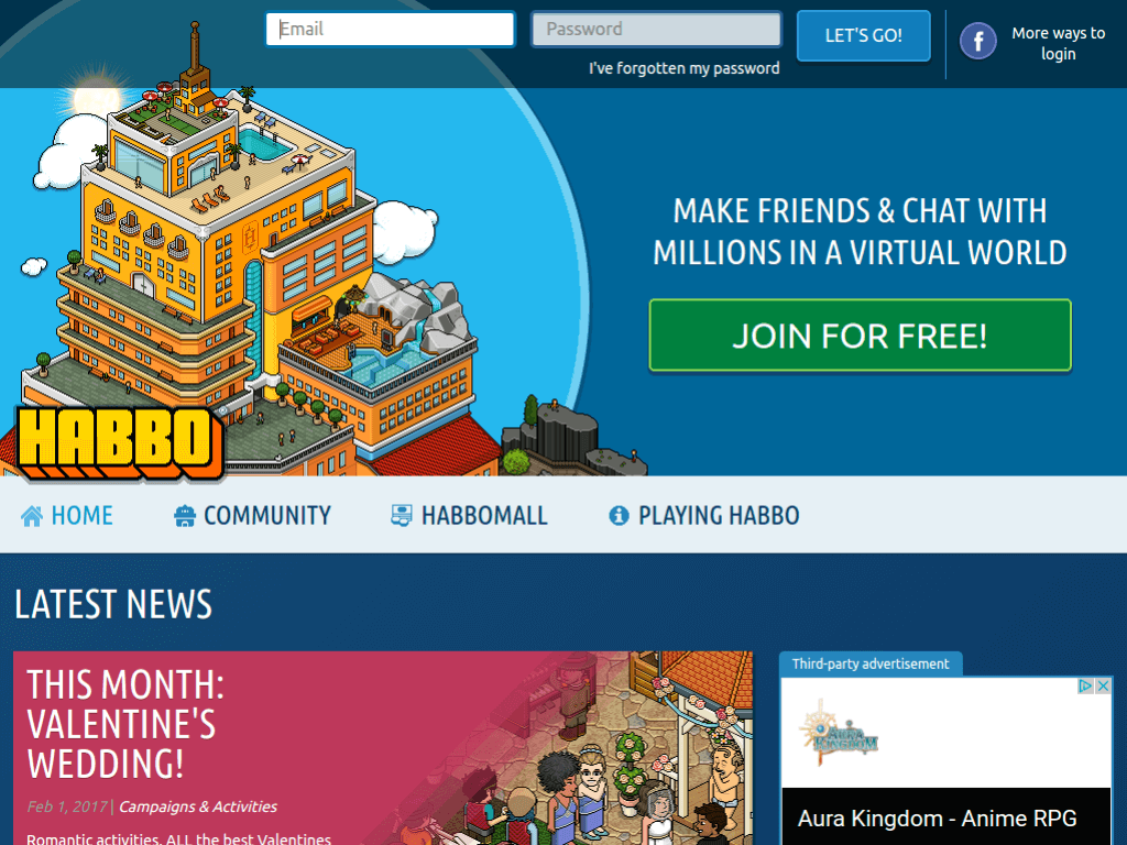 Homepage screenshot of Habbo
