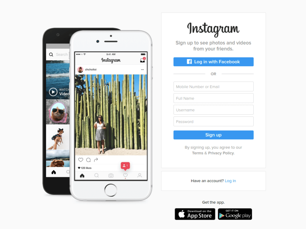 Homepage screenshot of Instagram