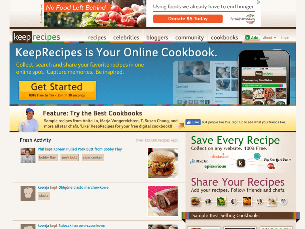 Homepage screenshot of KeepRecipes