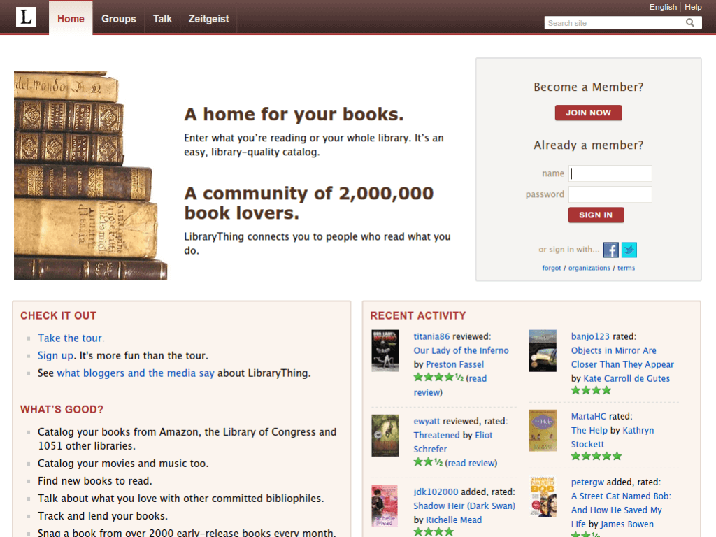 Homepage screenshot of LibraryThing
