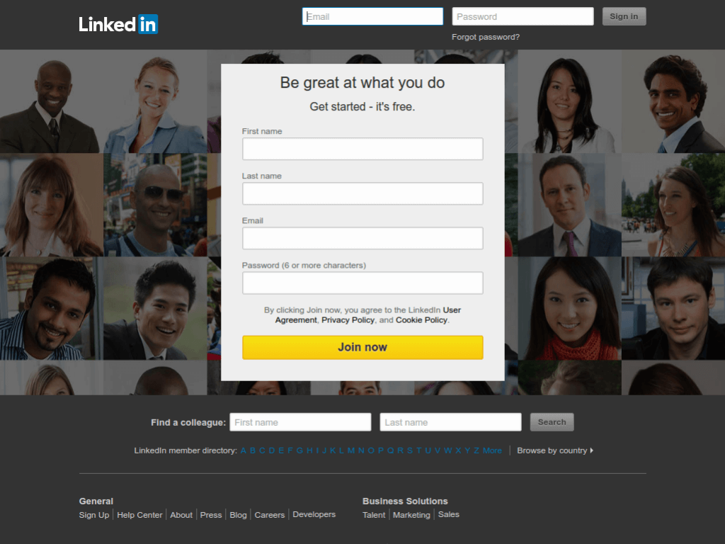 Homepage screenshot of LinkedIn