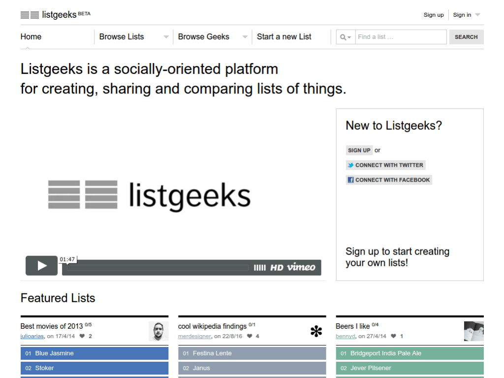 Homepage screenshot of List Geeks