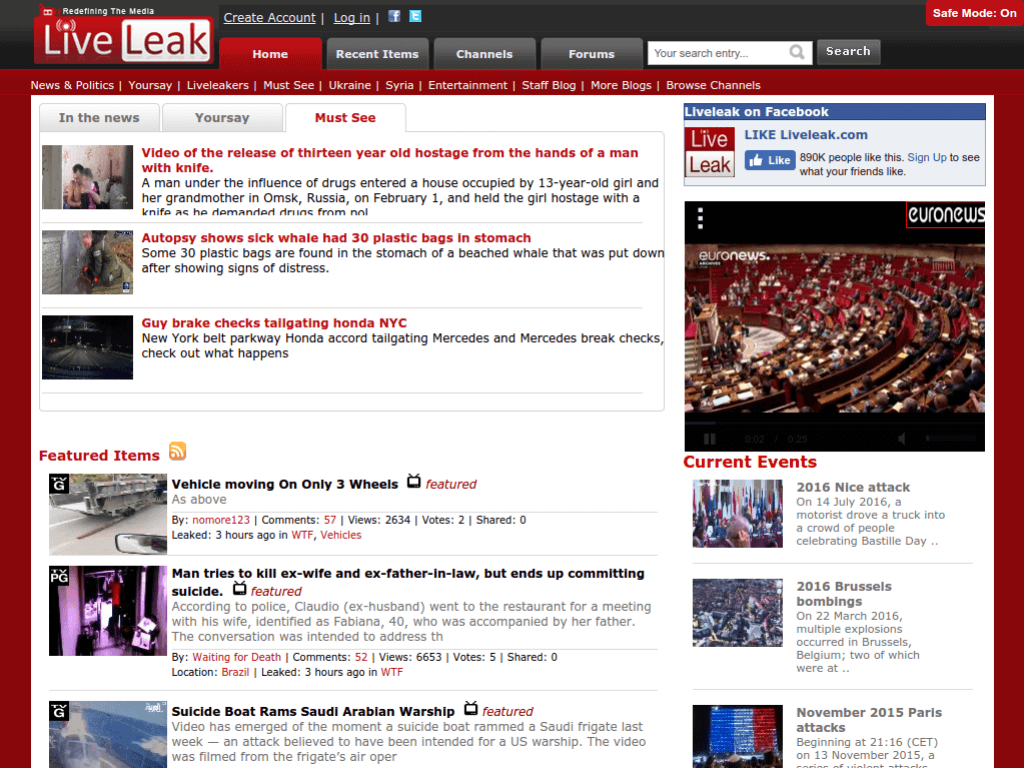 Homepage screenshot of Live Leak