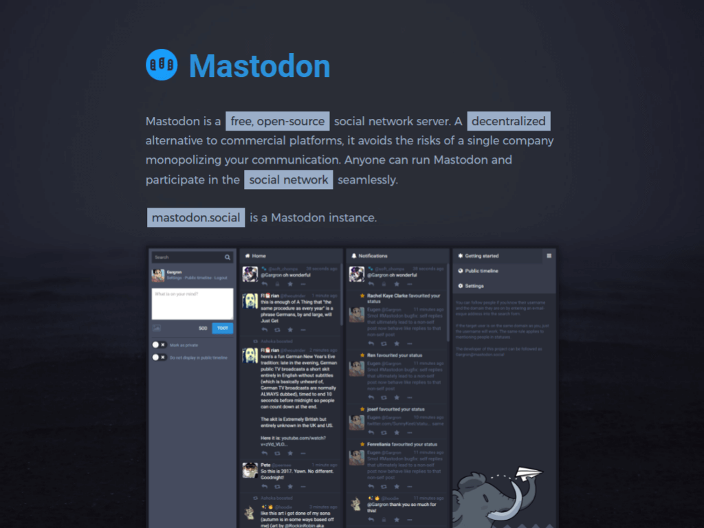 Homepage screenshot of Mastodon