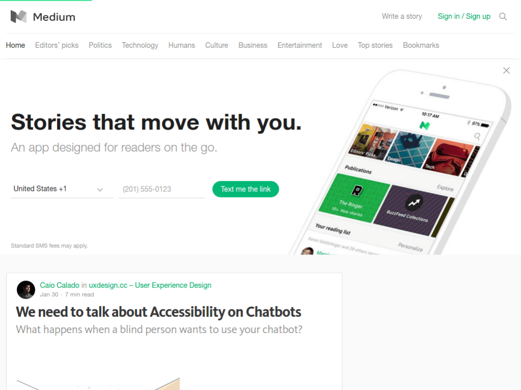 Homepage screenshot of Medium