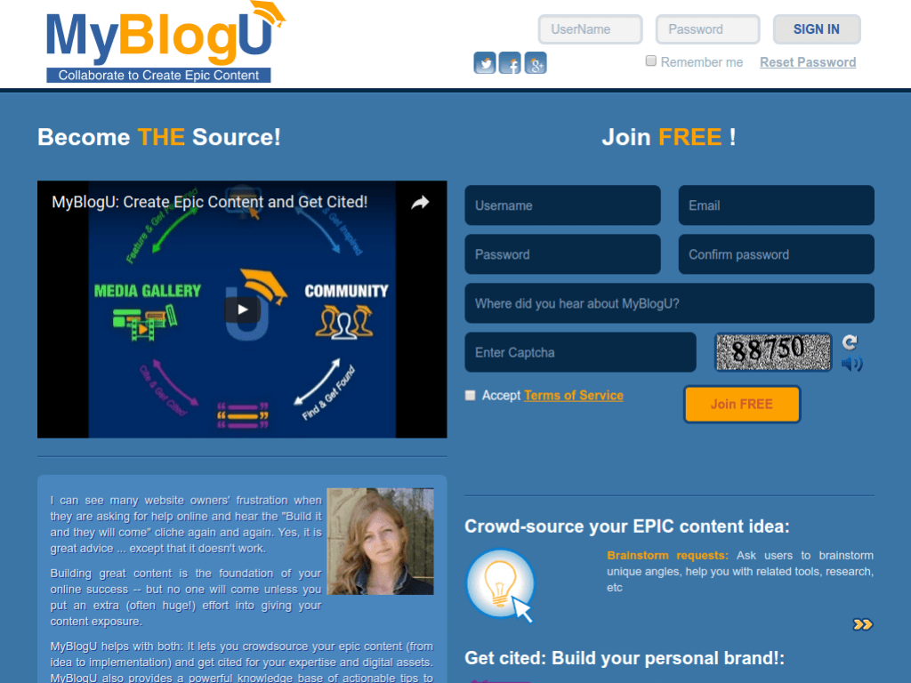 Homepage screenshot of MyBlogU