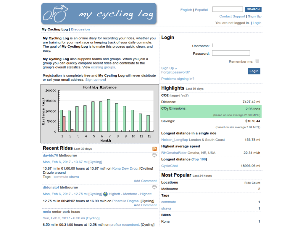 Homepage screenshot of My Cycling Log