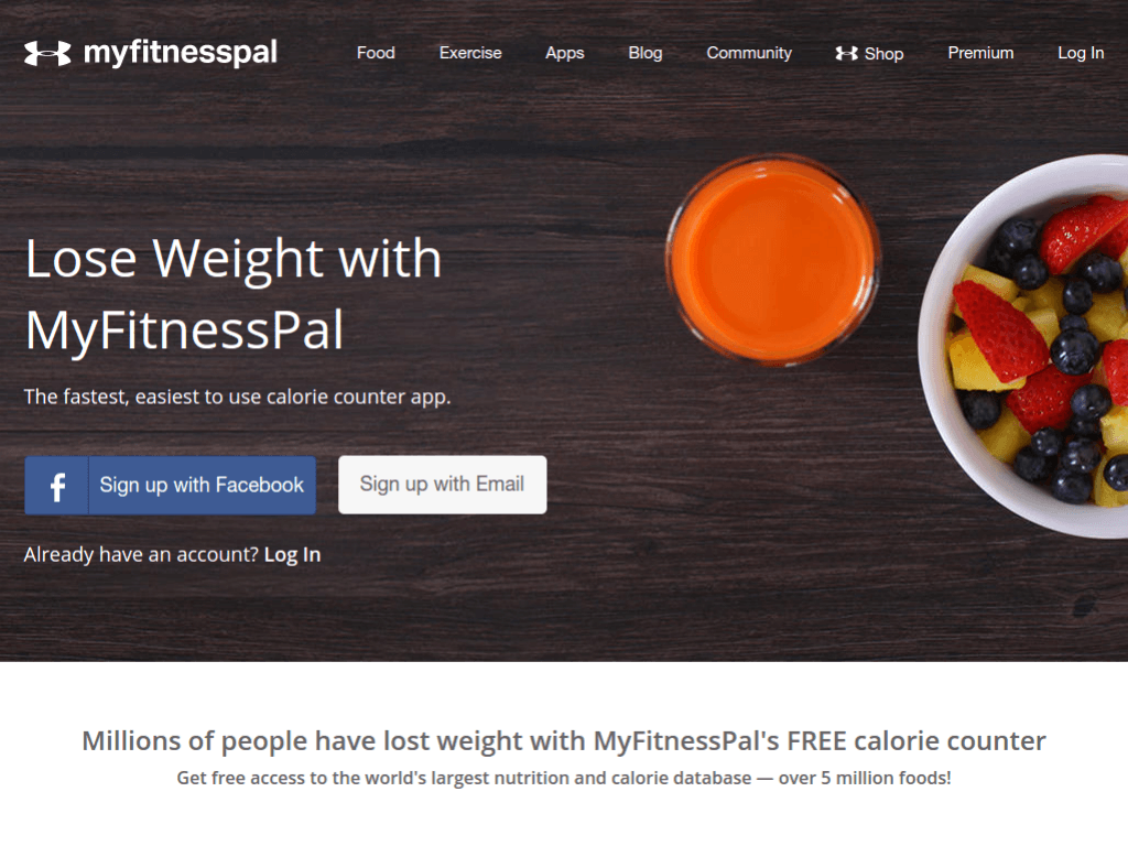 Homepage screenshot of My Fitness Pal