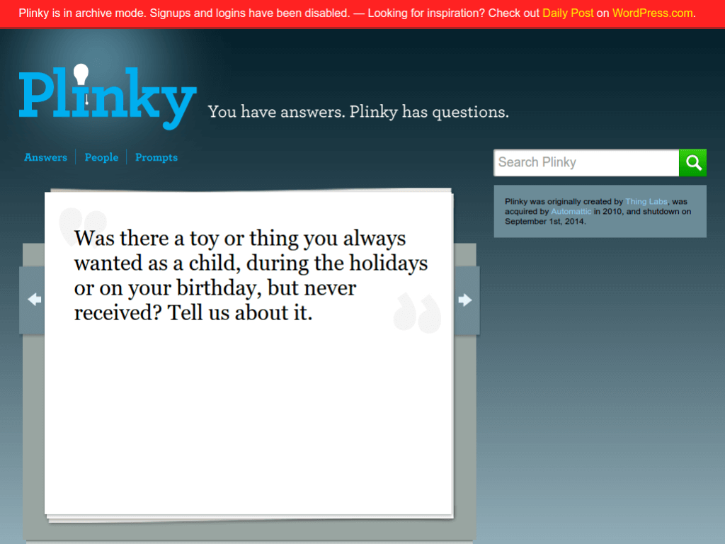 Homepage screenshot of Plinky