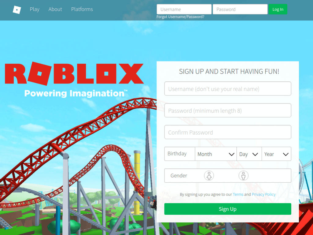 Homepage screenshot of Roblox
