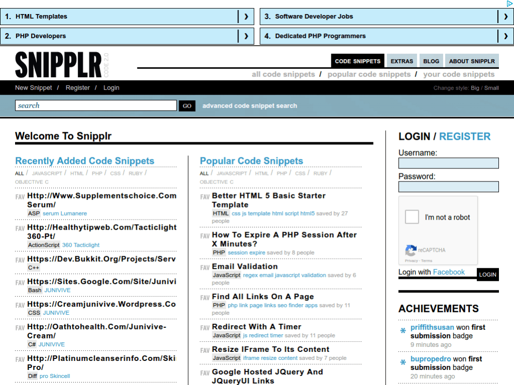 Homepage screenshot of Snipplr
