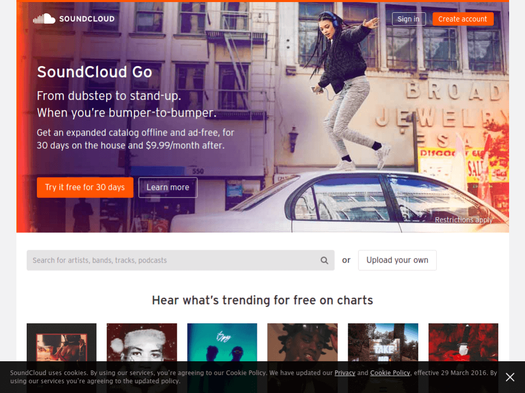Homepage screenshot of Sound Cloud