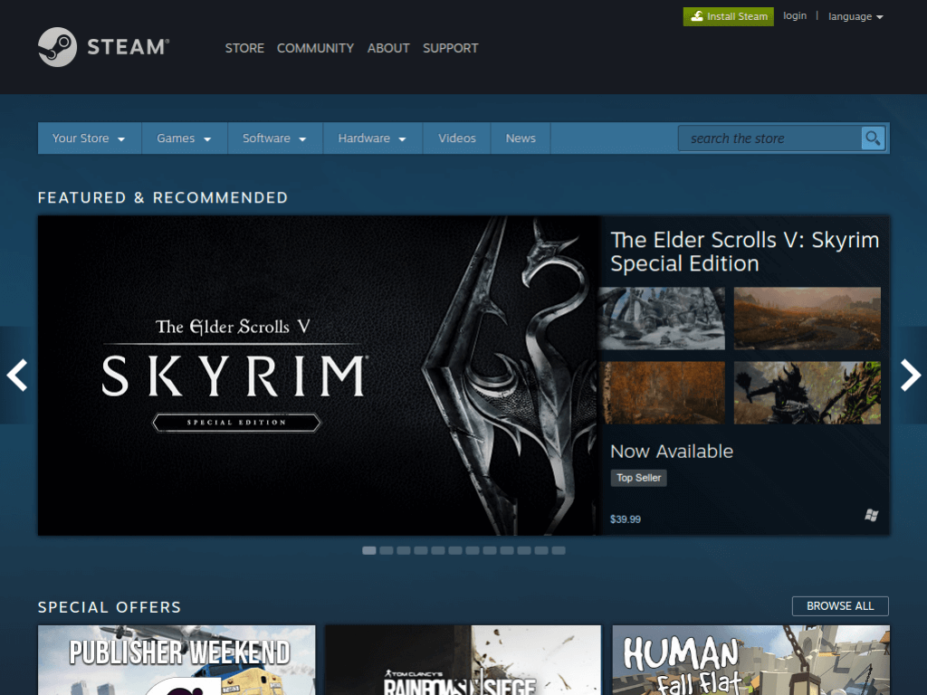 Homepage screenshot of Steam