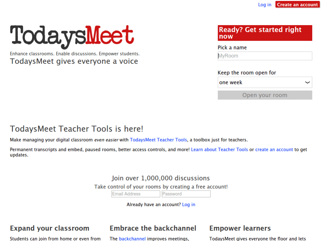 Homepage screenshot of Todays Meet