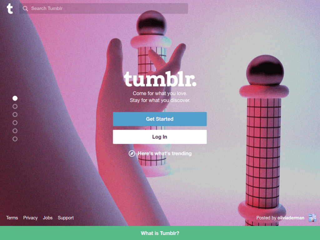 Homepage screenshot of Tumblr