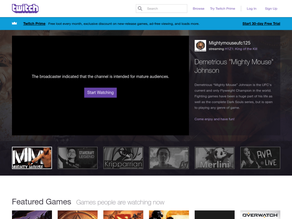 Homepage screenshot of Twitch TV