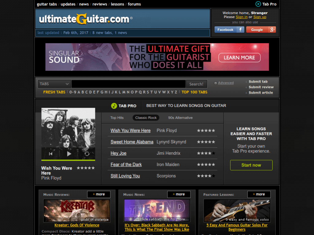 Homepage screenshot of Ultimate Guitar